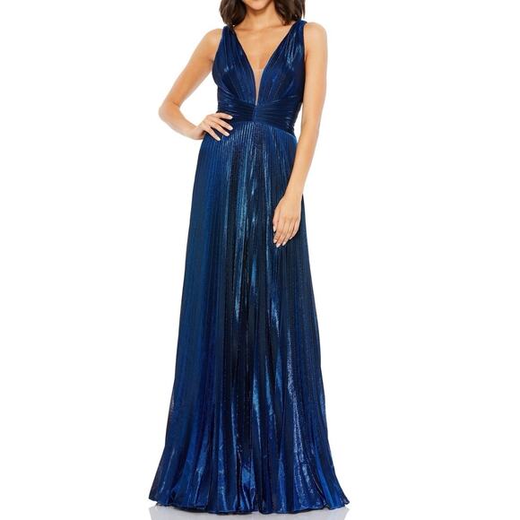 MAC DUGGAL 50640 Plunging Neck Pleated Metallic Gown Sz 10 New w/ Tag MSRP $498 - Picture 1 of 13